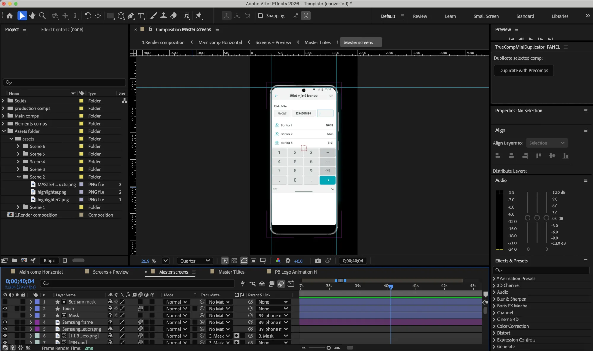 The Master Screens composition open in After Effects, showing the device frame, masks and touch layers used to animate the app