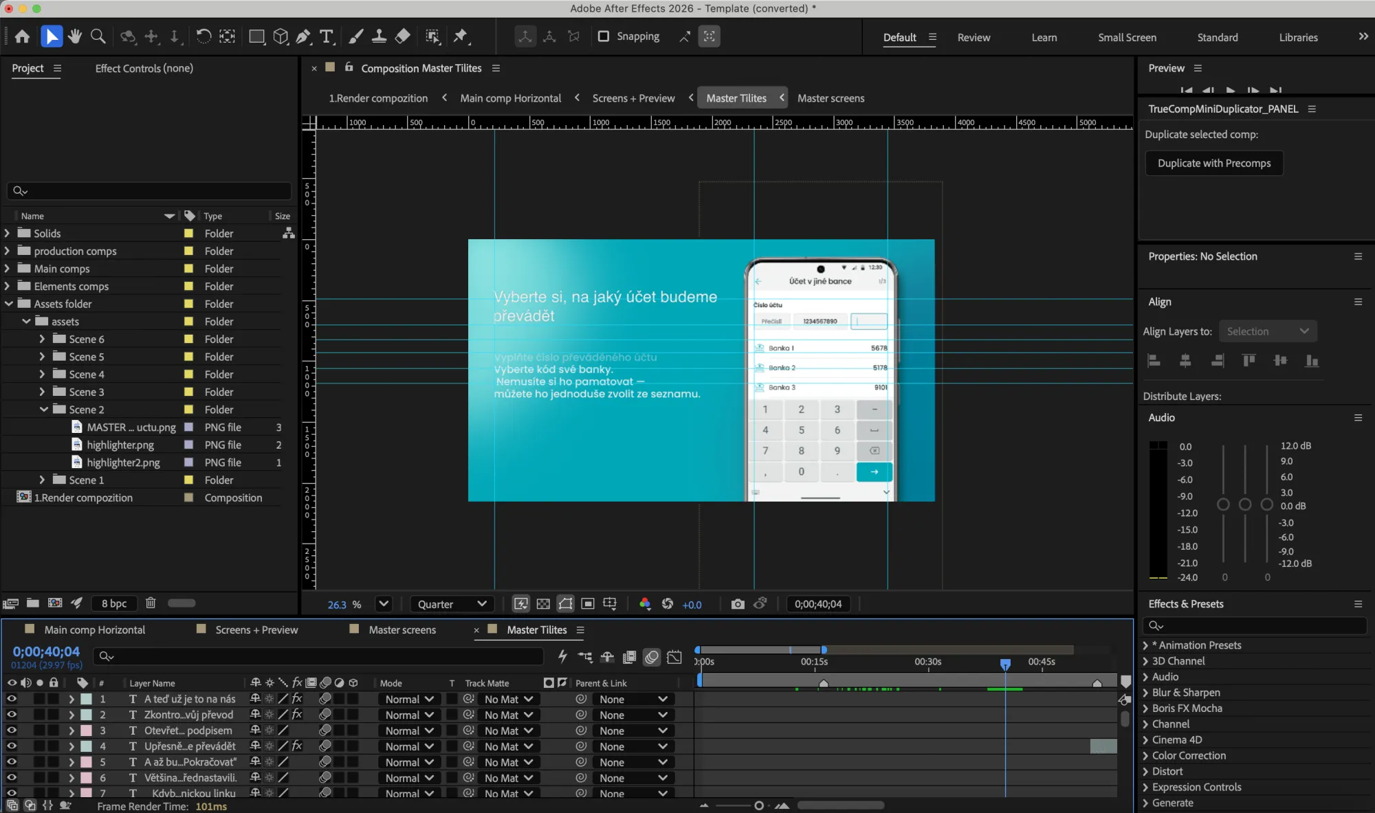 The Master Titles composition open in After Effects, with the project's scene folders on the left and its text layers on the timeline below