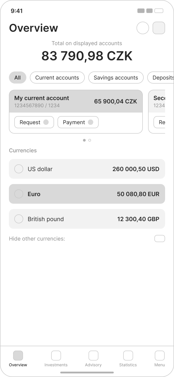 Designed screen — accounts shown as a swipeable carousel above the currency list