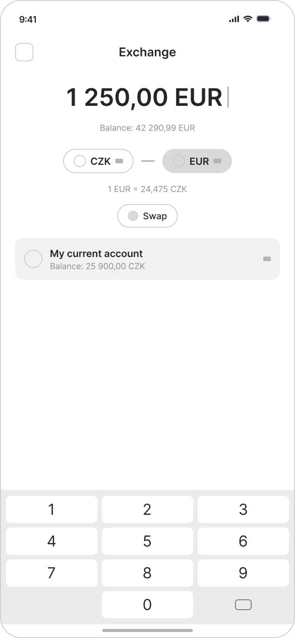 The exchange screen — an amount entered in euros, the CZK to EUR pair, the live rate and a swap control above the source account