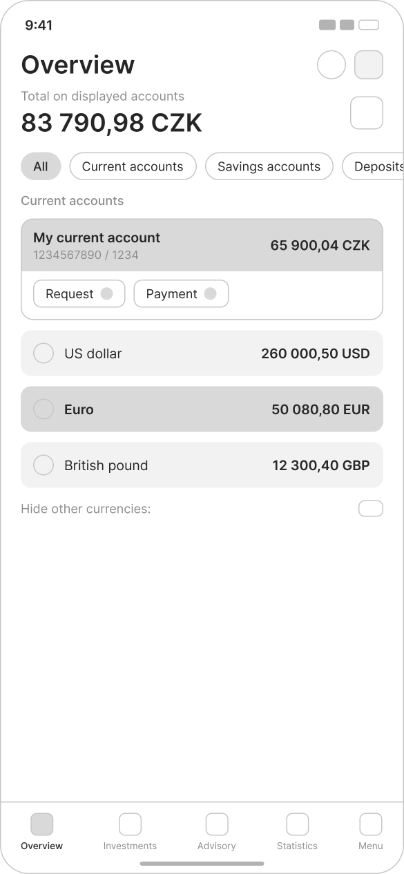 Designed screen — the account shown as a single card with its currencies listed beneath