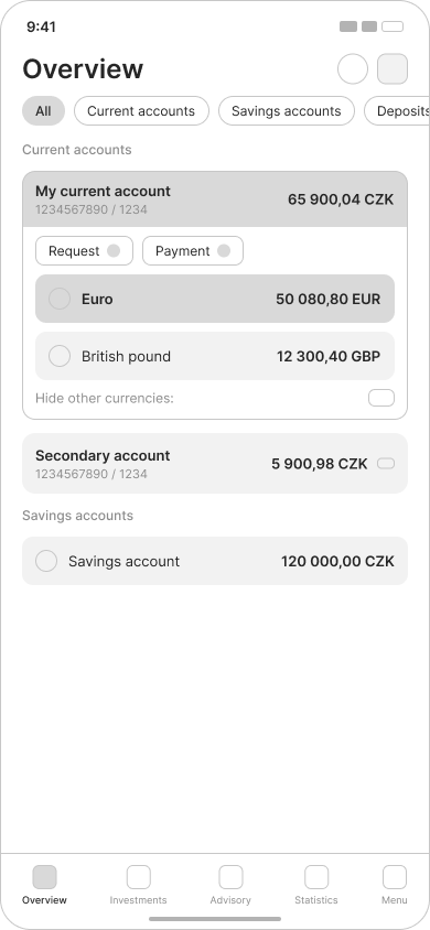 Designed screen — currencies nested under the selected account, with the remaining accounts collapsed below