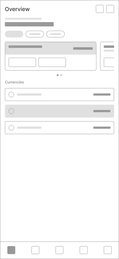 Wireframe — accounts shown as a swipeable carousel above the currency list