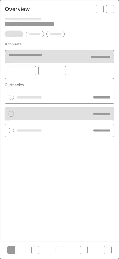 Wireframe — the account shown as a single card with its currencies listed beneath