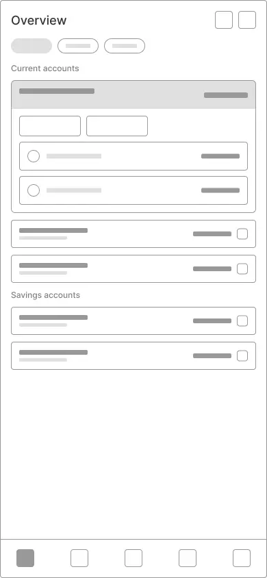 Wireframe — currencies nested under the selected account, with the remaining accounts collapsed below